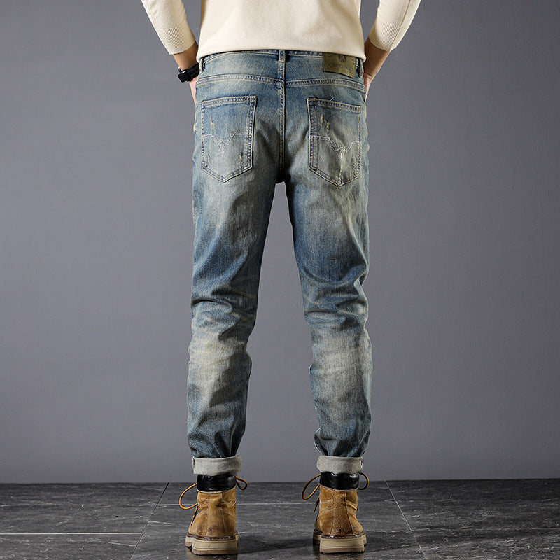 Washed jeans brushed white high quality Denim men's pants Korean style handsome stretch jeans men's