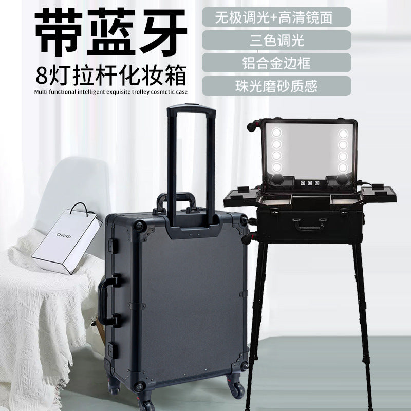 Aluminum Alloy trolley cosmetic case with lamp multi-functional tattoo beauty Bluetooth trolley case makeup artist toolbox