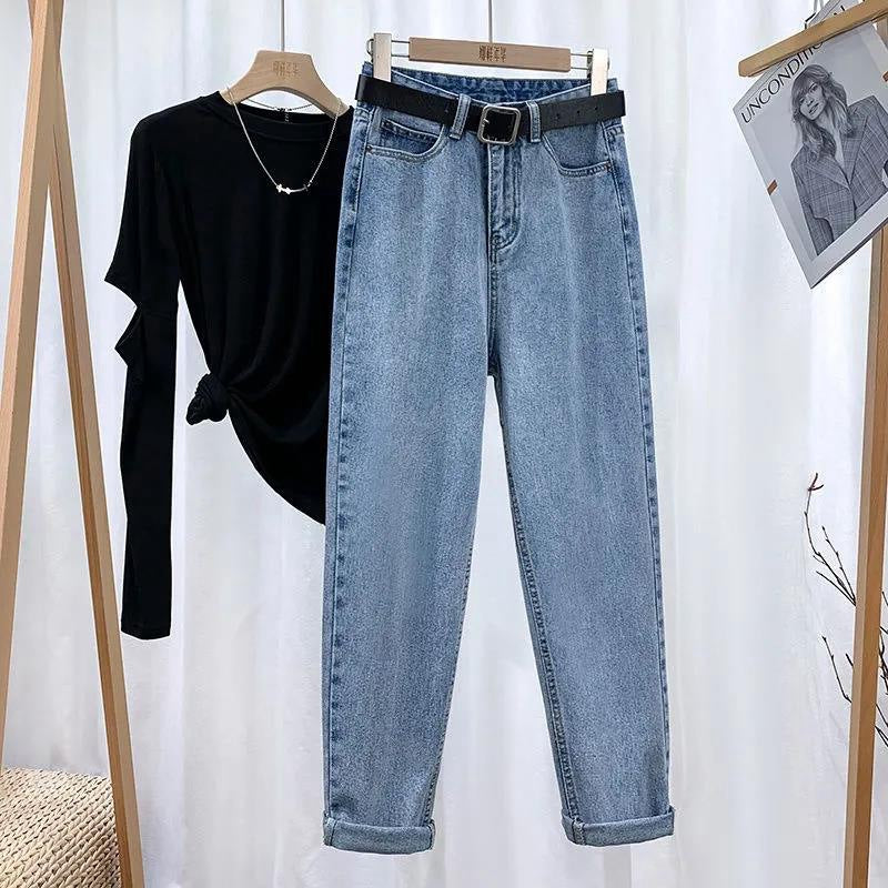 Harem jeans women's fashion trending retro high waist loose Korean style baggy pants all-matching straight ankle-length dad jeans