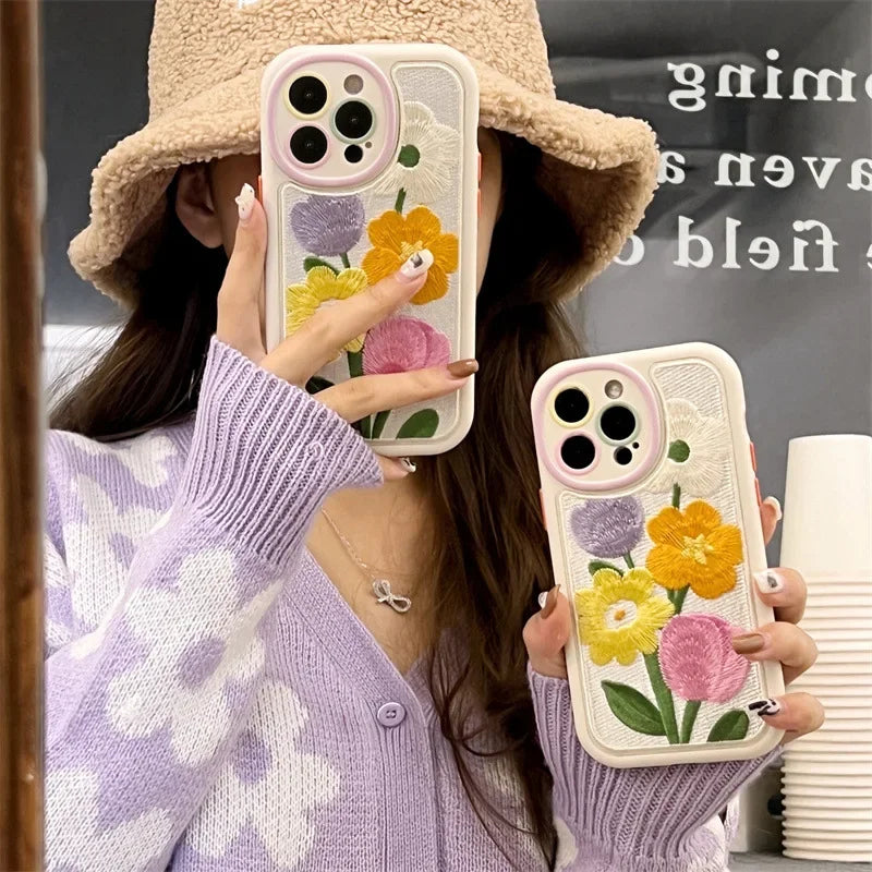 Embroidered flowers for iPhone16promax phone case 15plus protective case 13proamx phone case