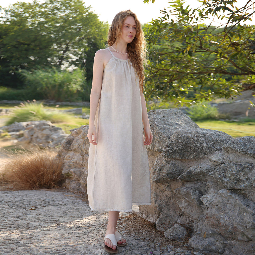 French style temperament tassel design sling dress female 2025 spring/summer vacation beach Tencel linen loose long dress