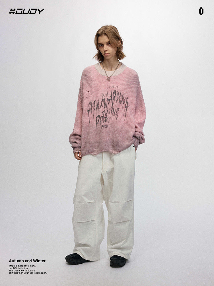 # OVDY autumn and winter New round neck sweater hollow-out ripped design street Tide brand casual loose sweater for men and women