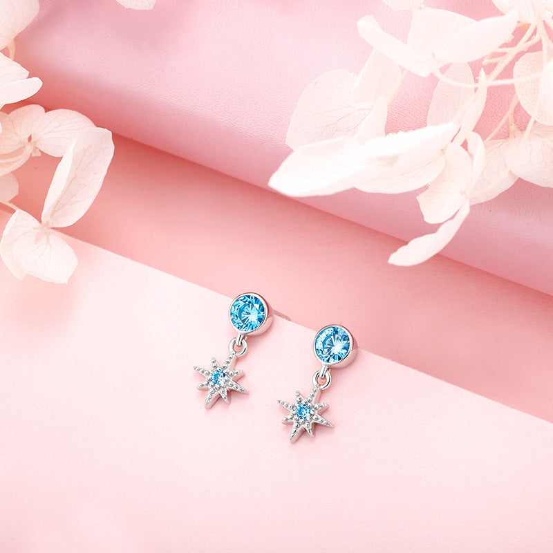 North Star earrings 925 sterling silver earrings female eight Awn Star sea blue zircon earrings foreign trade jewelry silver accessories processing