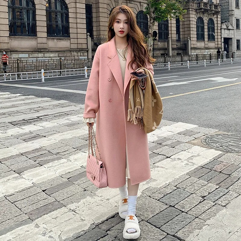 Pink reversible cashmere coat women 2023 autumn and winter New Korean style loose mid-length Hepburn style woolen coat