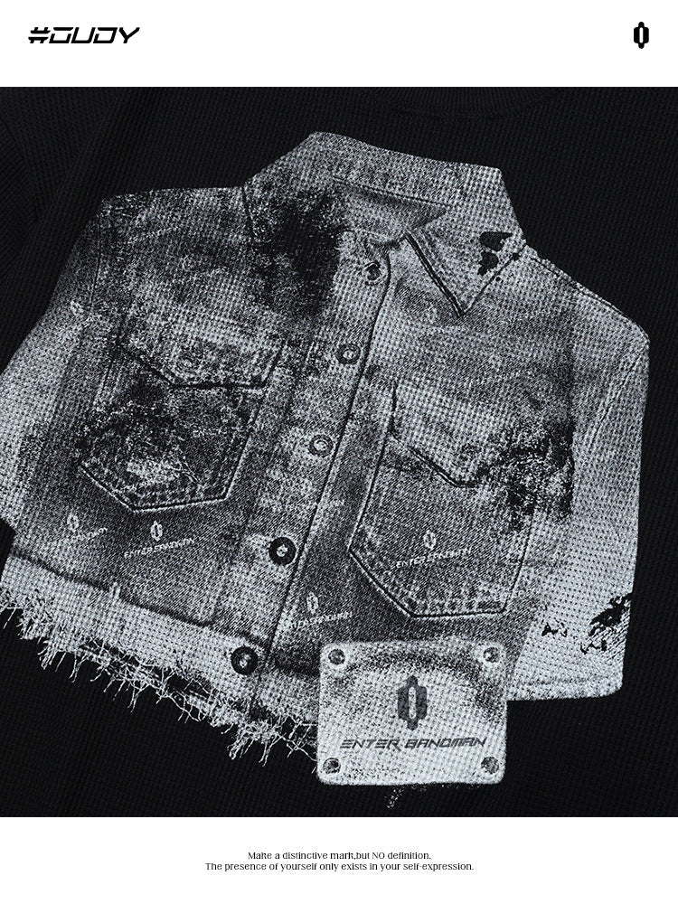 # OVDY autumn and winter New 250g contrast color stitching long sleeve T-shirt waffle small round neck top long sleeve fashion brand