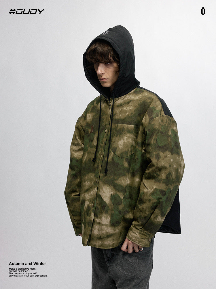 # OVDY retro camouflage coat jacket men's loose woven autumn and winter New thickened hooded men's clothing coat cotton-padded jacket