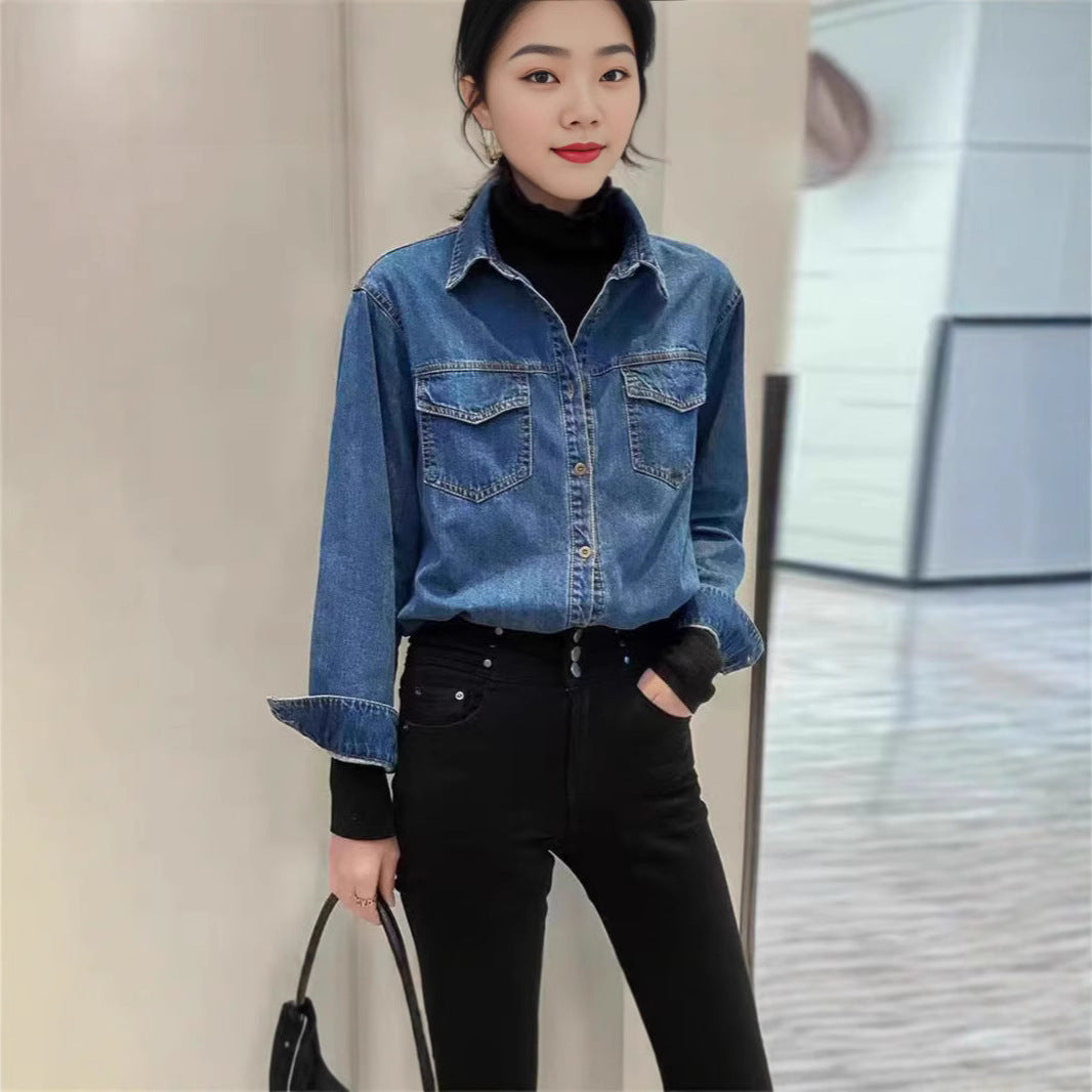 Amazon Autumn New Denim shirt Women's loose bottoming retro long sleeve bandage dress shirt coat European style tops