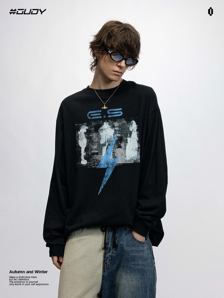 # OVDY 260g double yarn autumn and winter New long sleeve street letters printed casual small turtleneck drop shoulder long T-shirt tide