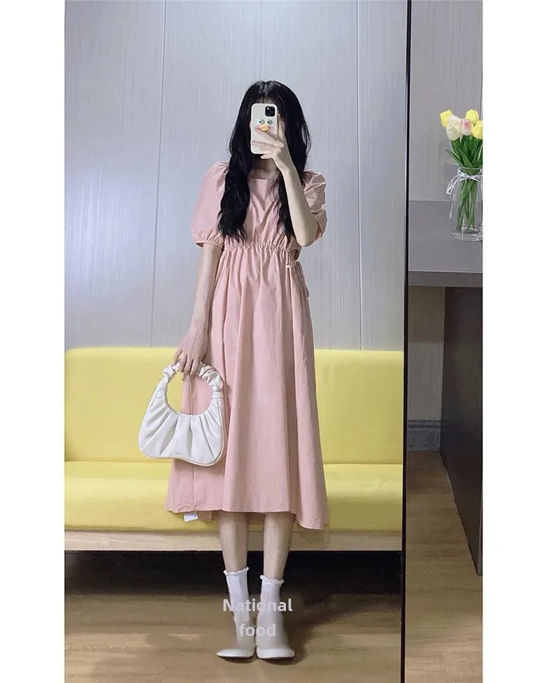 New preppy style pink square collar dress women's summer tea break French slimming temperament seaside vacation dress
