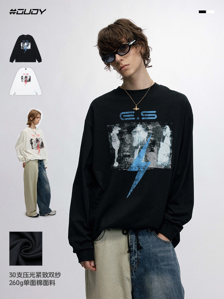 # OVDY 260g double yarn autumn and winter New long sleeve street letters printed casual small turtleneck drop shoulder long T-shirt tide