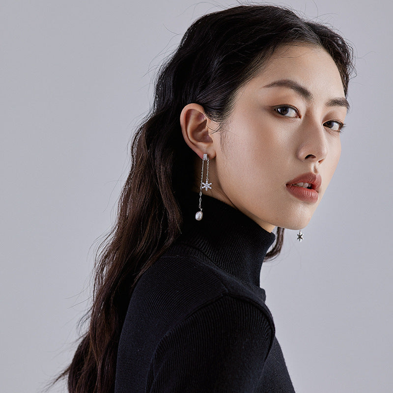 Foreign trade cross-border hot mining pearl earrings eardrops s925 silver female six-pointed star Zircon stud earrings silver accessories processing