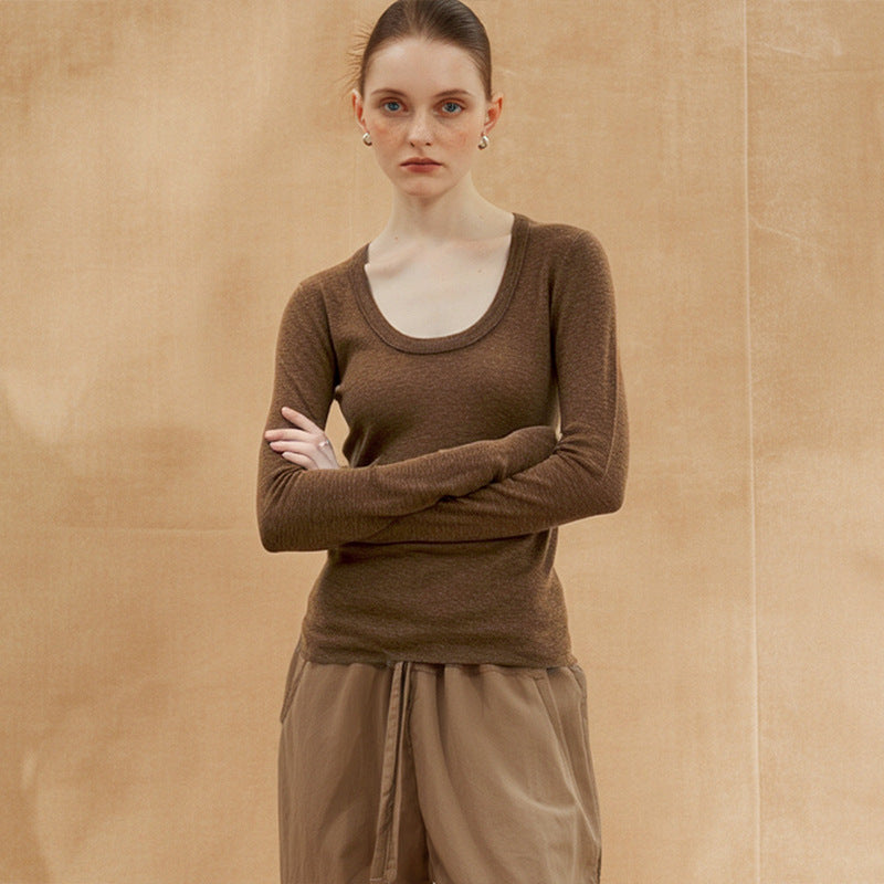 Old Qian style linen knitwear light and transparent autumn crew neck Tencel long-sleeved T-shirt stretch slim women's cotton and linen top