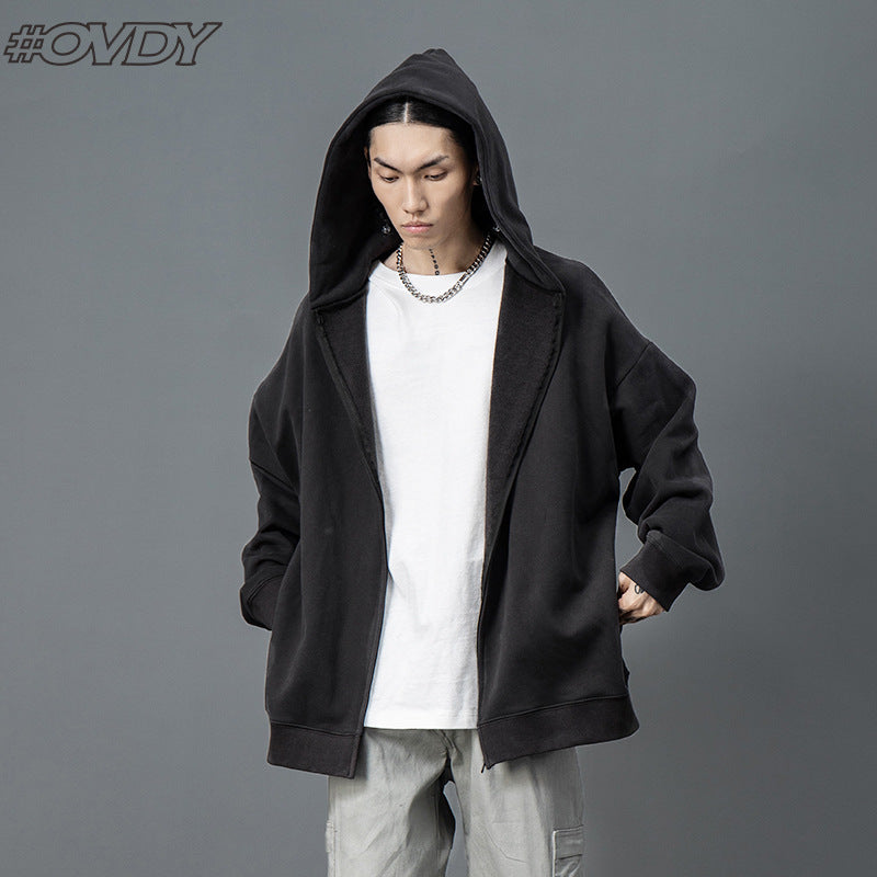 # OVDY men's clothing autumn and winter fleece-lined fashion brand loose casual men's Hooded Zipper Sweatshirt coat thickened warm