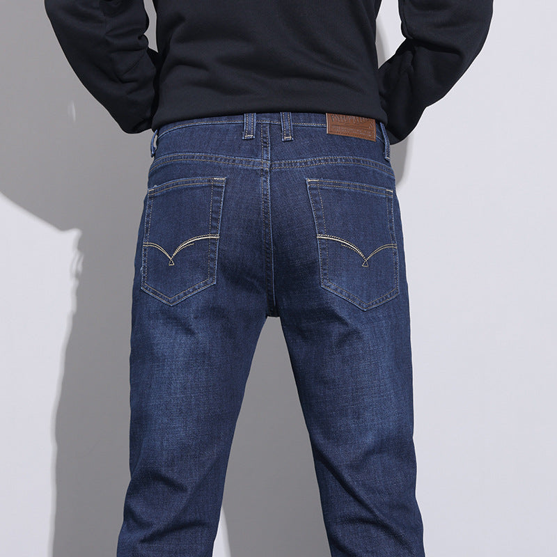 Jeans men's spring and summer straight slim stretch denim trousers men's business mid-high waist jeans thin