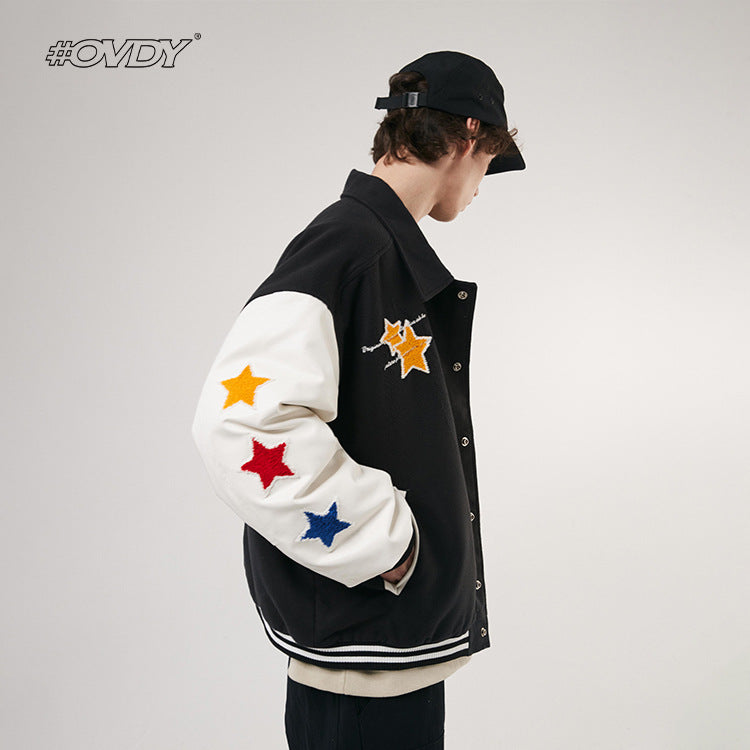 # OVDY autumn and winter Japanese style street baseball uniform star theme towel embroidery retro multicolor jacket coat men's fashion brand