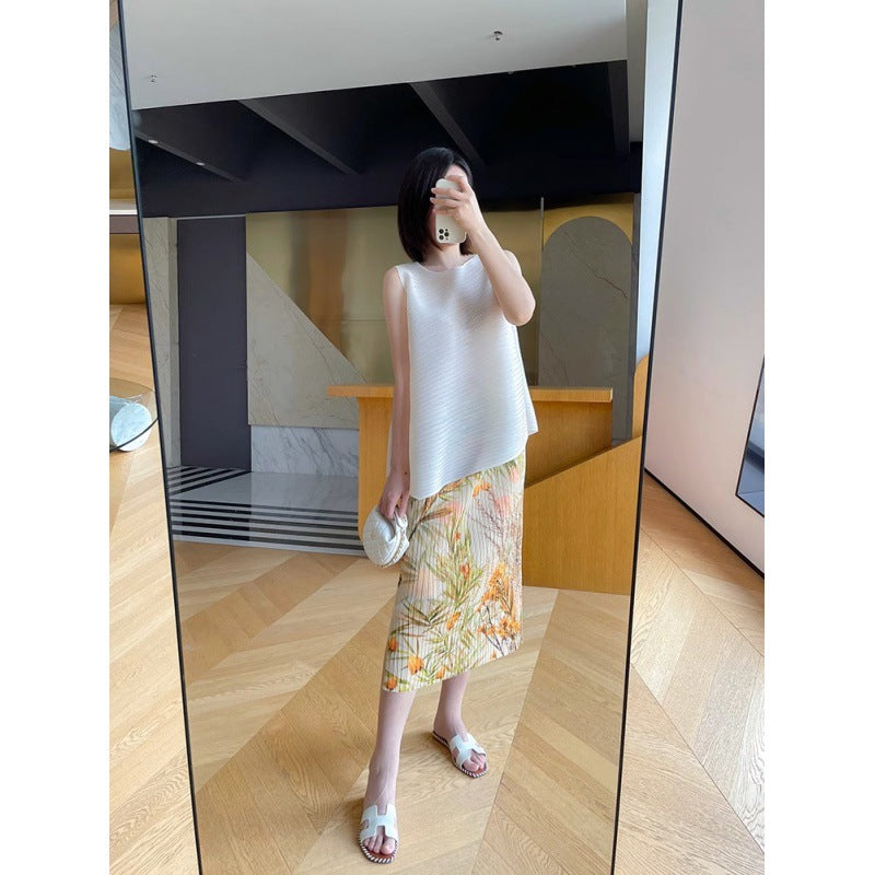 Art three 2024 Summer yellow green wood floral print skirt stretch split pleated skirt