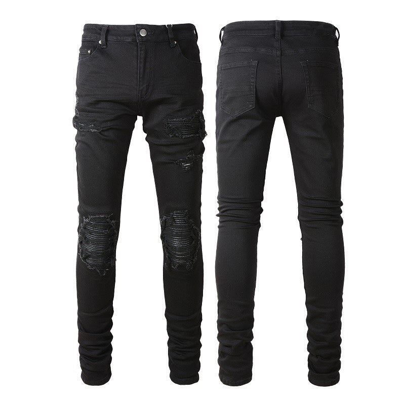 Foreign trade Men's European and American simple black patch jeans men's ripped jeans men's simple slim fit skinny pants