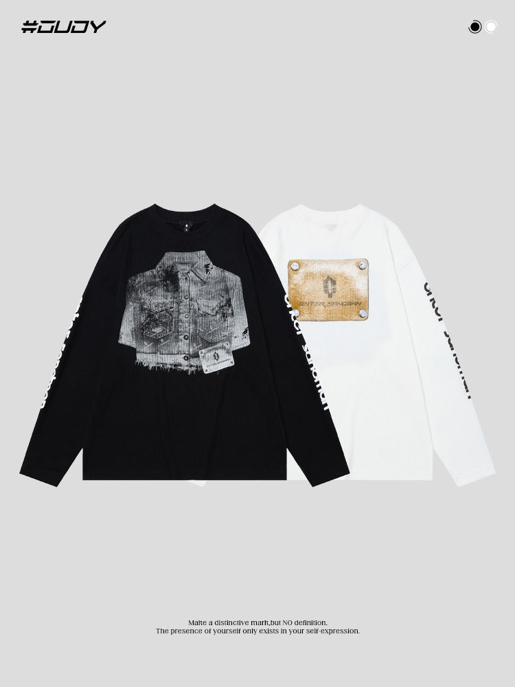 # OVDY autumn and winter New 250g contrast color stitching long sleeve T-shirt waffle small round neck top long sleeve fashion brand