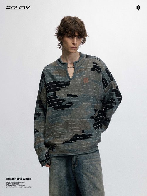 # OVDY autumn and winter warm sweater Computer Jacquard techniques small V-neck camouflage sweater outerwear for men and women