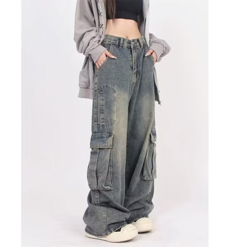 American retro washed jeans spring and autumn distressed men and women lovers wild High Street multi-pocket drape Leisure Cargo