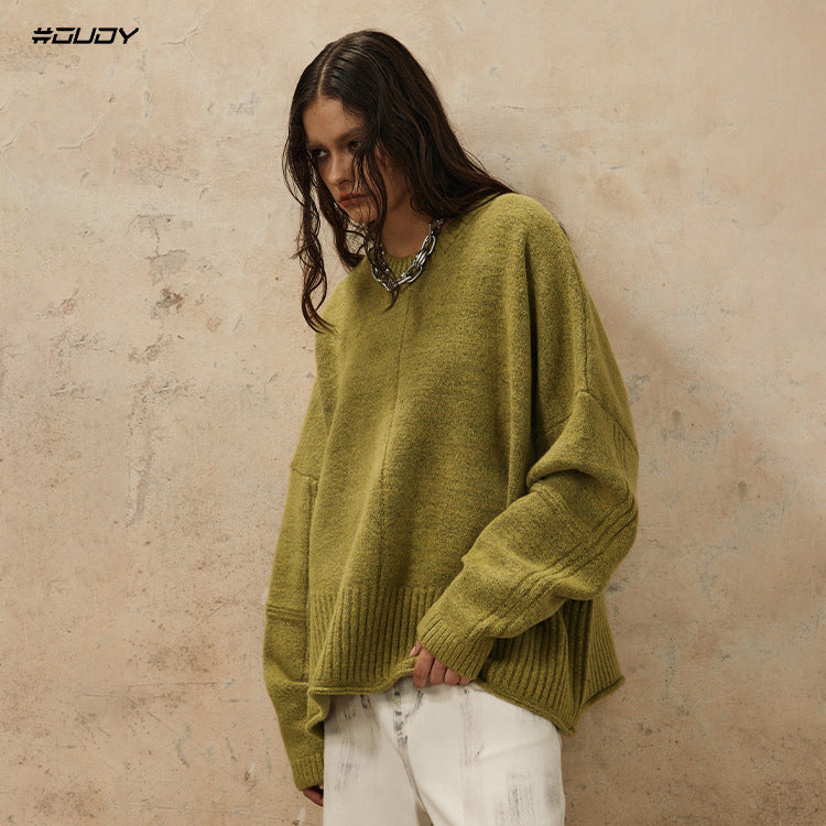 # OVDY autumn and winter New lazy wind round neck sweater curling design soft glutinous simple style solid color sweater fashion