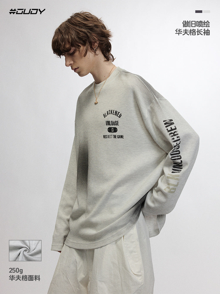 # OVDY autumn and winter New street fashion long-sleeved T-shirt 250g Walf checks fabric non-specification inkjet top fashion