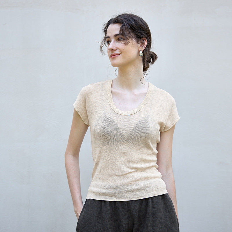 Old Qian style linen knitwear light and transparent autumn crew neck Tencel long-sleeved T-shirt stretch slim women's cotton and linen top
