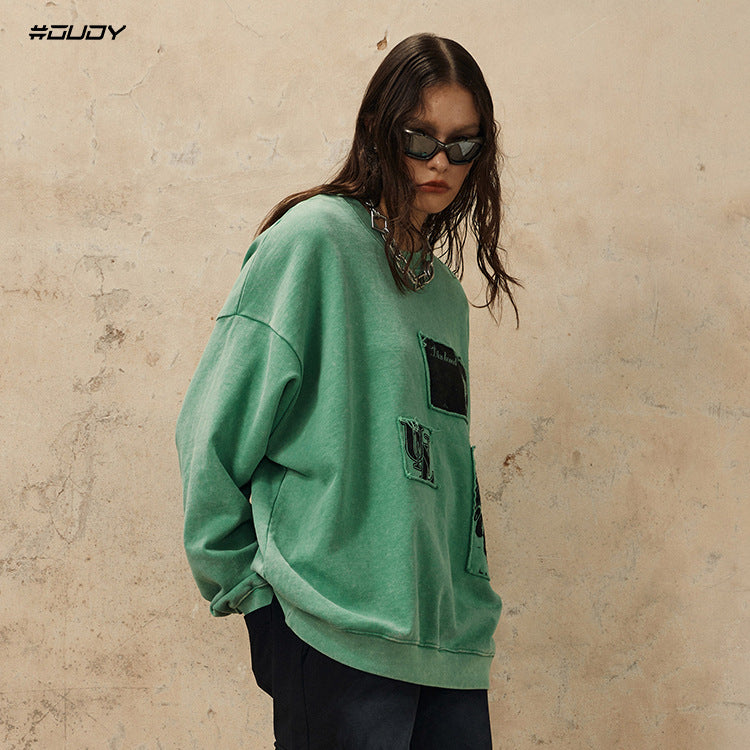 # OVDY autumn and winter new men's and women's tops patch letter Terry simple loose shoulder ins sweater for men