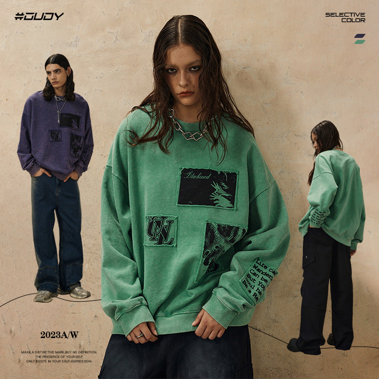 # OVDY autumn and winter new men's and women's tops patch letter Terry simple loose shoulder ins sweater for men