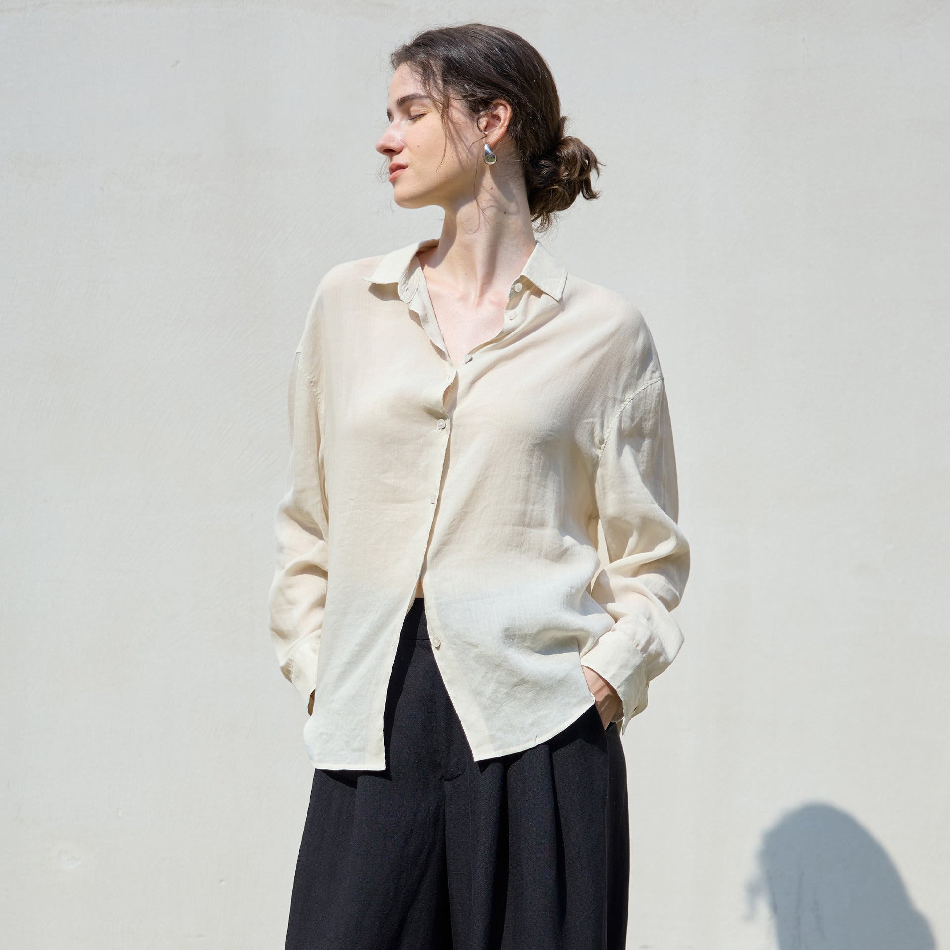 25 Old Money style Ramie loose solid color women's shirt simple single-breasted long sleeve shirt loose feeling Tencel linen top