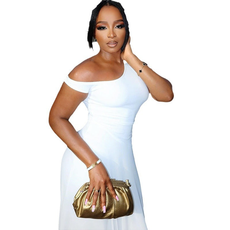 European Style Solid Color Off-Shoulder Sleeveless Irregular Dress