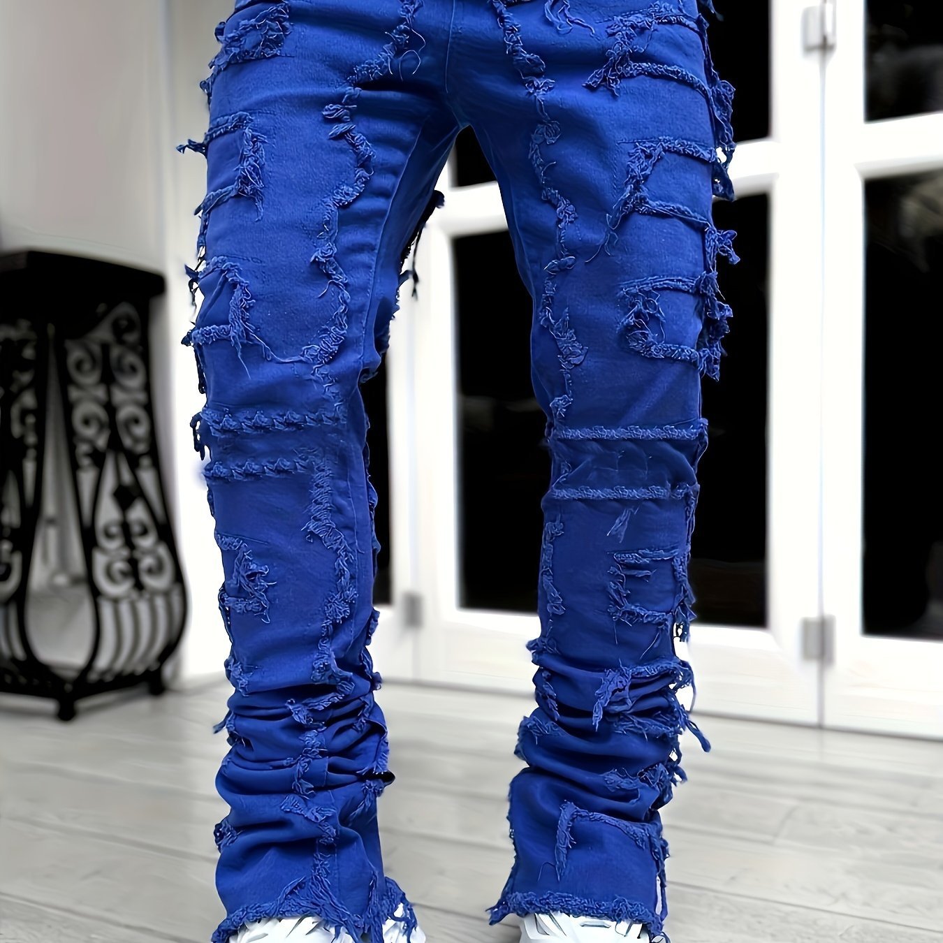 Mens Slim Straight Jeans with Elastic Waist Creative Jeans