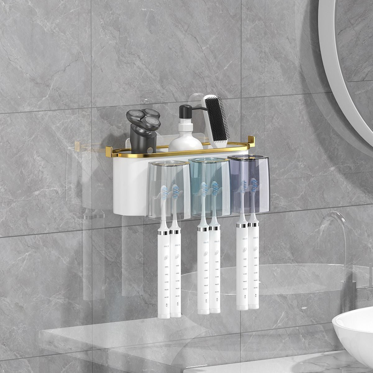 Cross-border toothbrush rack gargle Cup gold-plated toothbrush holder bathroom punch-free wall-mounted toothbrush storage rack suit