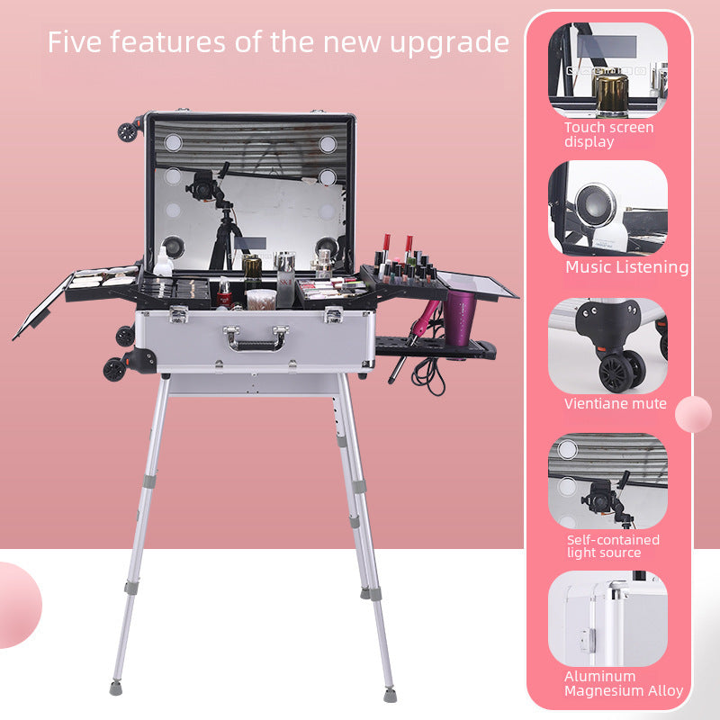 Aluminum Alloy trolley cosmetic case with lamp multi-functional tattoo beauty Bluetooth trolley case makeup artist toolbox
