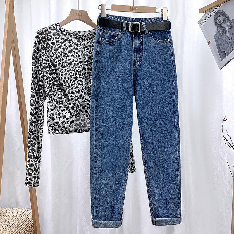 Harem jeans women's fashion trending retro high waist loose Korean style baggy pants all-matching straight ankle-length dad jeans
