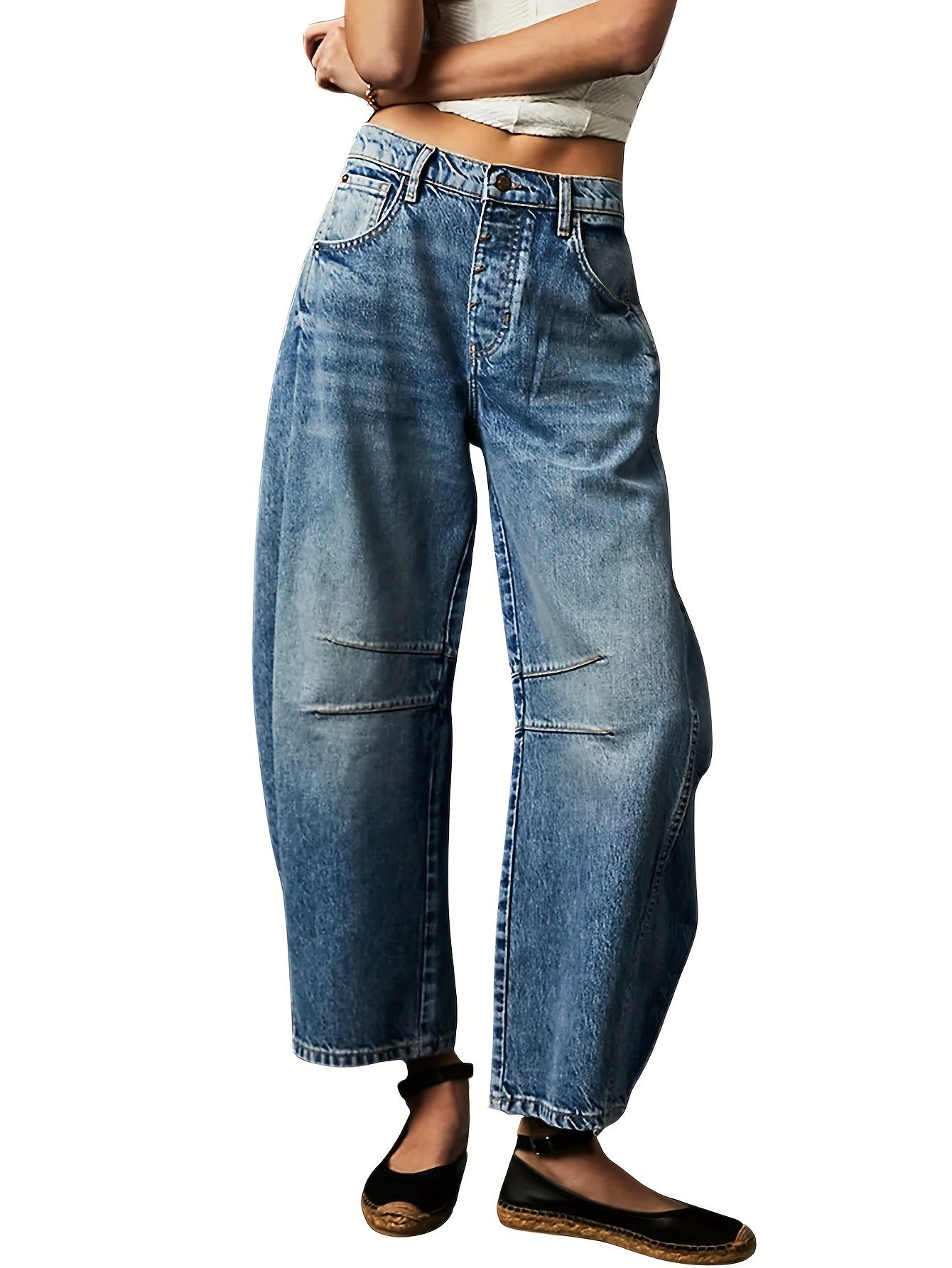 Women's Baggy Jeans Mid Waist Wide Leg Cropped Barrel Jeans
