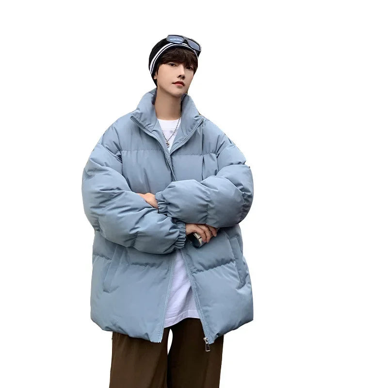 High collar cotton coat with solid color men's winter thickened fashion brand plus size loose overweight man stand-up collar cotton-padded coat bread coat cotton-padded jacket outside