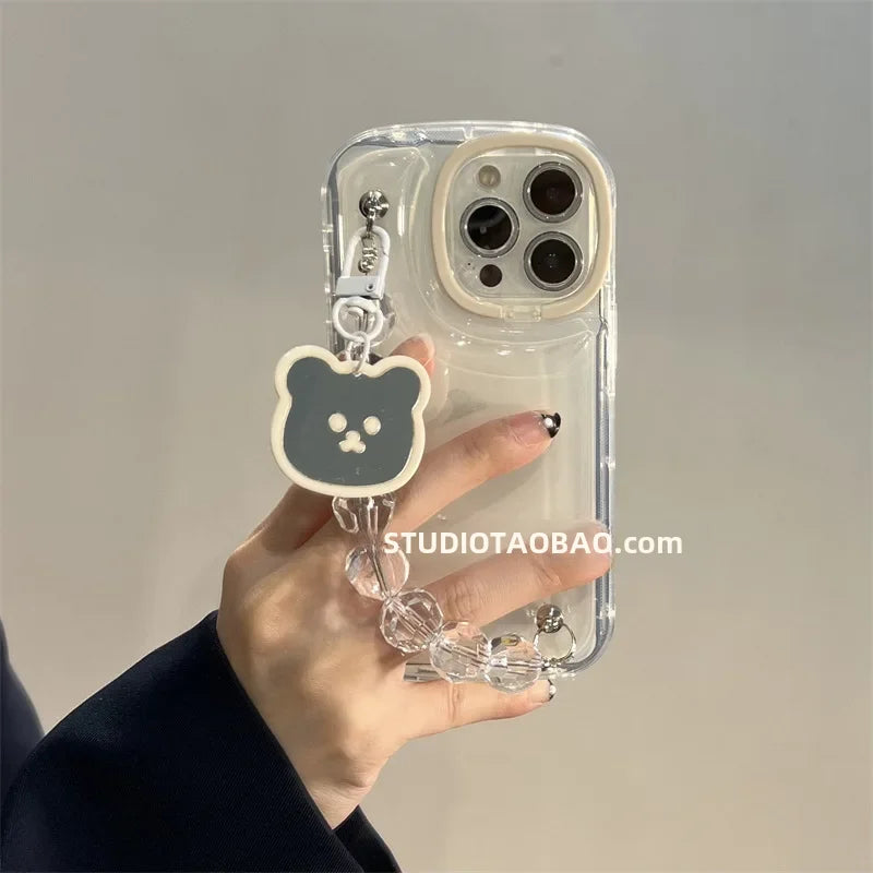 Cute transparent bear mirror pendant for Apple 14Promax phone case 12 female bracket iphone13 air cushion