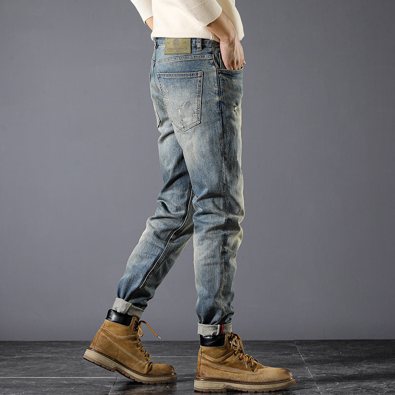 Washed jeans brushed white high quality Denim men's pants Korean style handsome stretch jeans men's