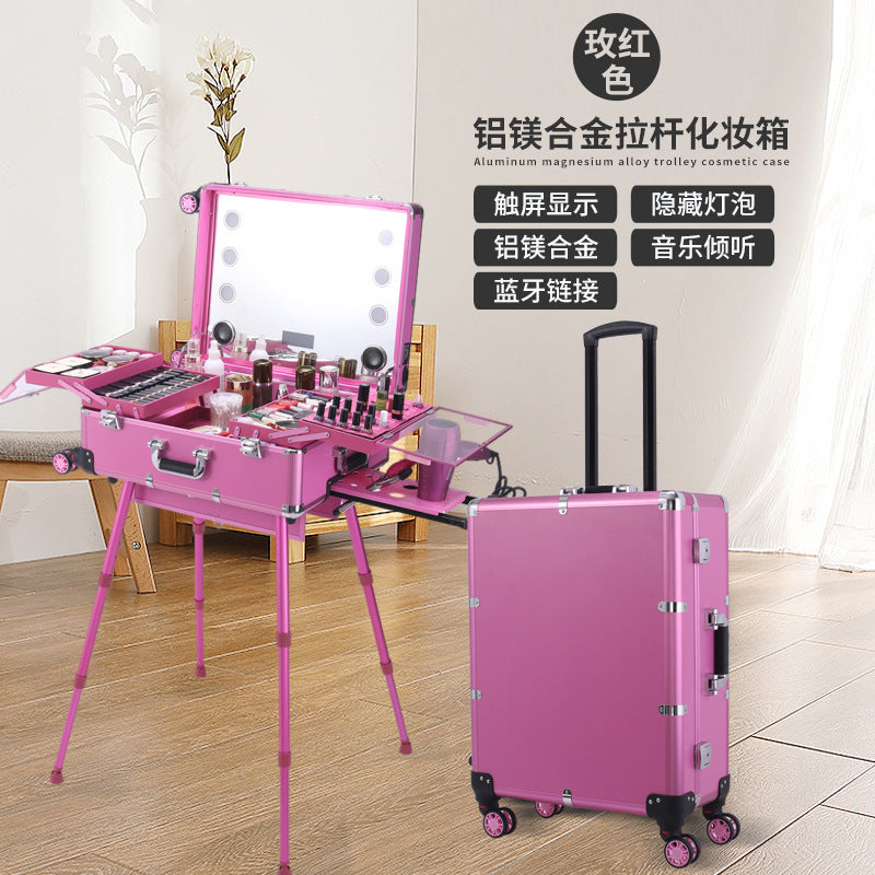 Aluminum Alloy trolley cosmetic case with lamp multi-functional tattoo beauty Bluetooth trolley case makeup artist toolbox