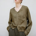 Autumn New all linen V-neck Raglan long-sleeved shirt yarn-dyed craft loose cocoon design old money style shirt