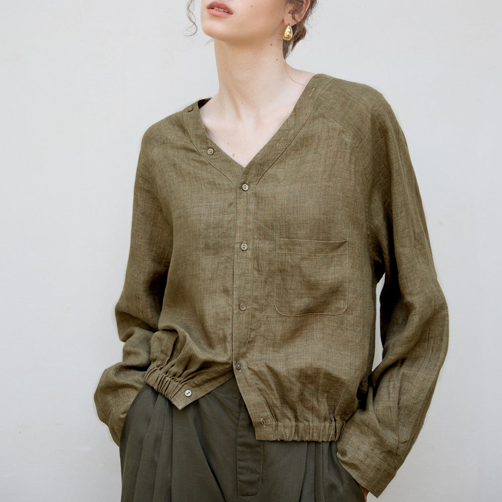Autumn New all linen V-neck Raglan long-sleeved shirt yarn-dyed craft loose cocoon design old money style shirt