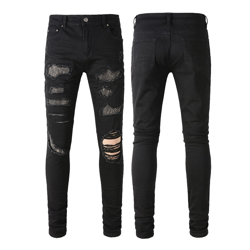 High street cross-border men's jeans men's black ripped stick-on crystals stretch jeans Men's Youth Men's tapered trousers