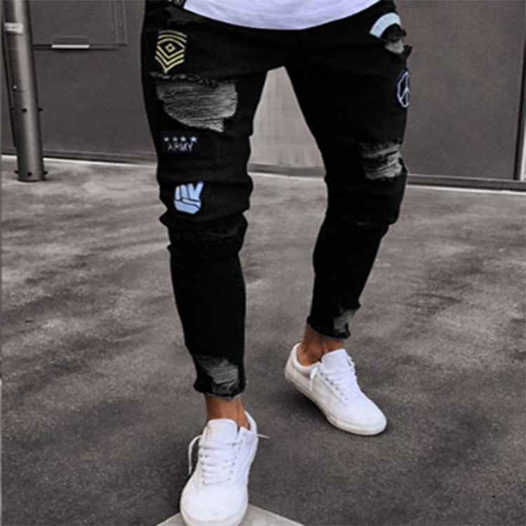 Men's jeans wisheBay feet hot sale jeans men's jeans ripped 4X badge cross-border LS