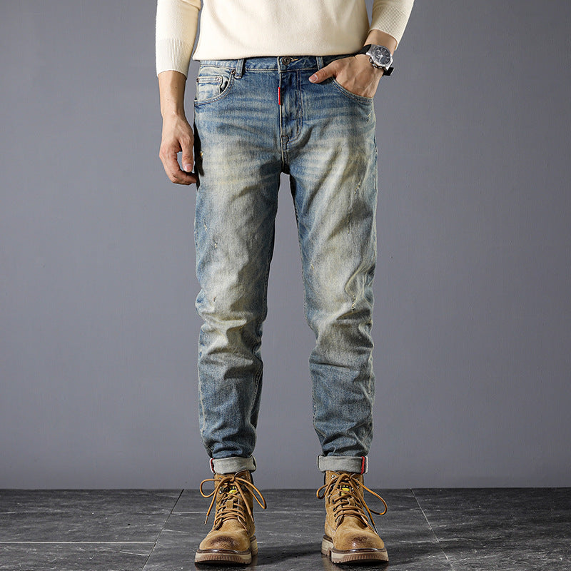 Washed jeans brushed white high quality Denim men's pants Korean style handsome stretch jeans men's