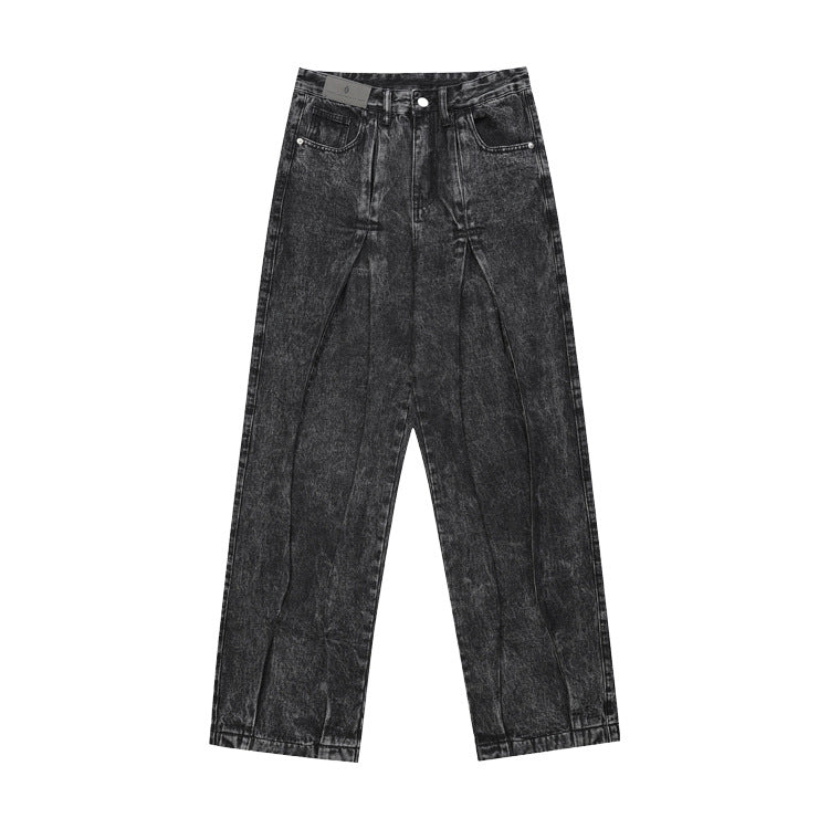 # OVDY autumn and winter new jeans folding pleated design snowflake washing craft street fashion loose trousers