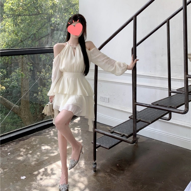 Original quality Bali early autumn halter dress slimming fairy ruffled chiffon yarn holiday beach dress