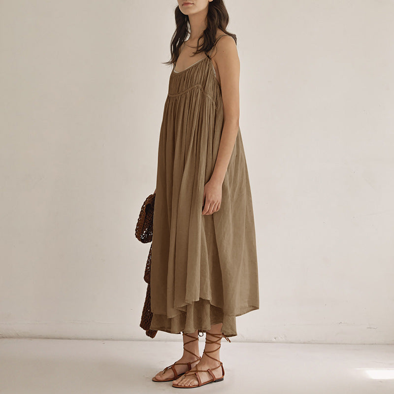 French strap dress 2025 Spring New lazy wind pleated niche design backless long dress women's clothing