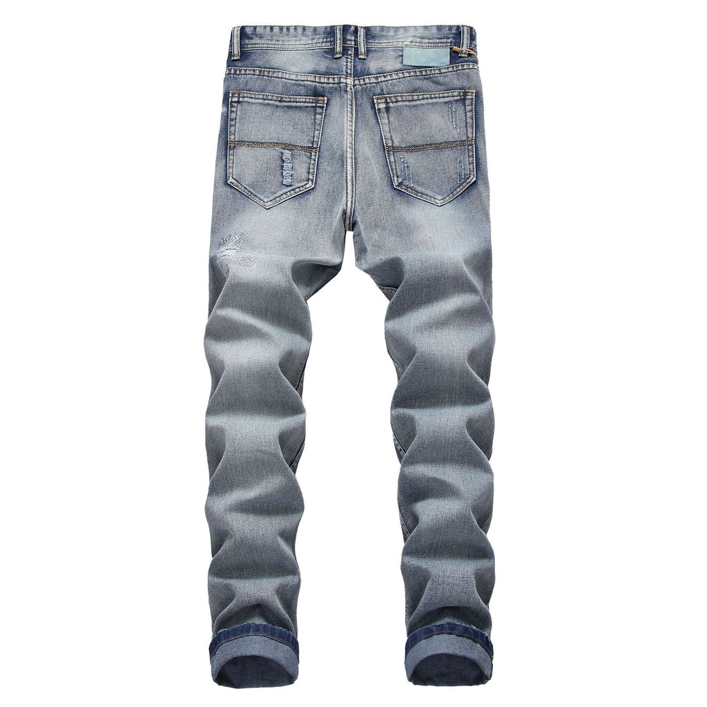 European and American Foreign Trade men's jeans light blue ripped matte white slim-fit straight jeans men's Denim 970
