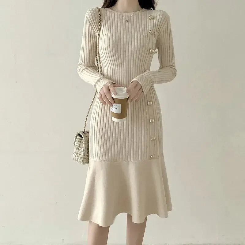 Elegant fishtail knitted dress waist slimming women 2024 new spring and autumn new skirt solid color ladies' dress